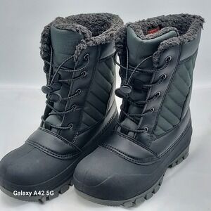 Kids Black Winter Snow Boots Faux Fur Lined Waterproof Size 2